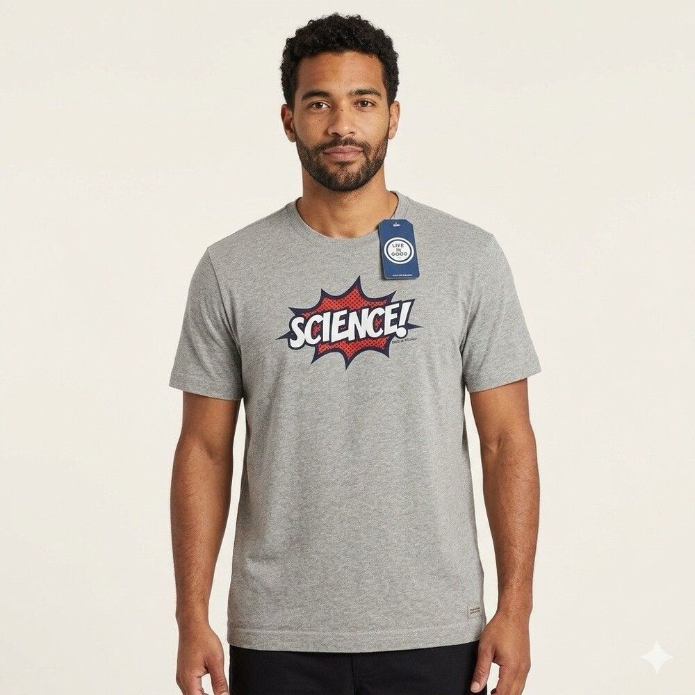 Life Is Good Men's L Crusher Tee SCIENCE! Comic Graphic Grey Heathered NWT